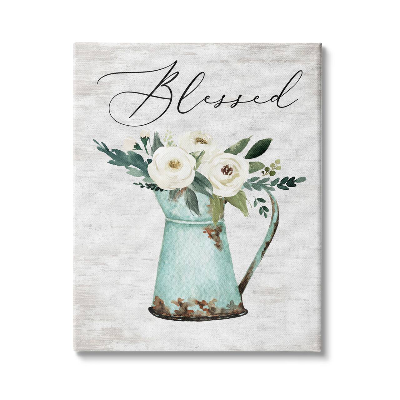 Stupell Industries Blessed Phrase Vintage Farm Can White Flower Bouquet Canvas Wall Art